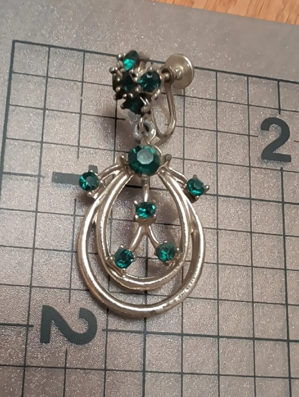 Vintage Silver-Tone Teardrop Screw Back Earrings with Emerald Green Rhinestones